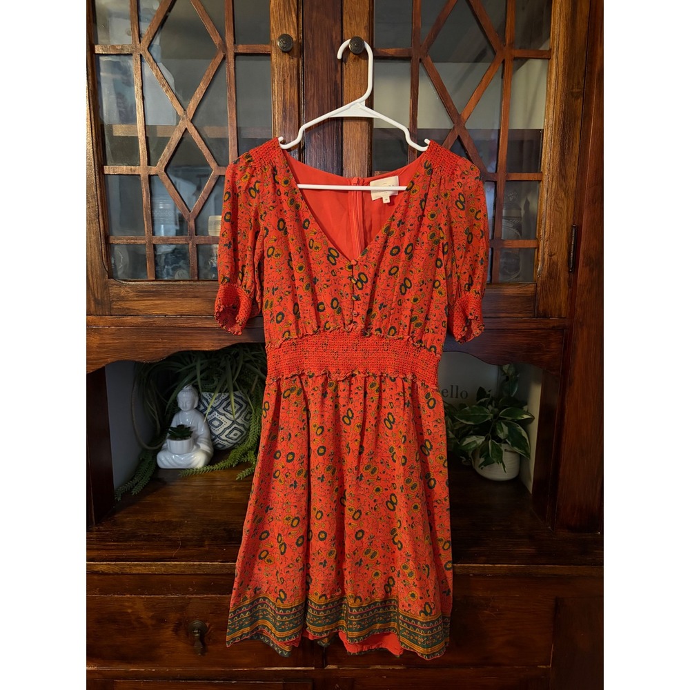 Sezane Silk Floral V-Neck Smocked Waist Mini Dress Red Orange Size 36